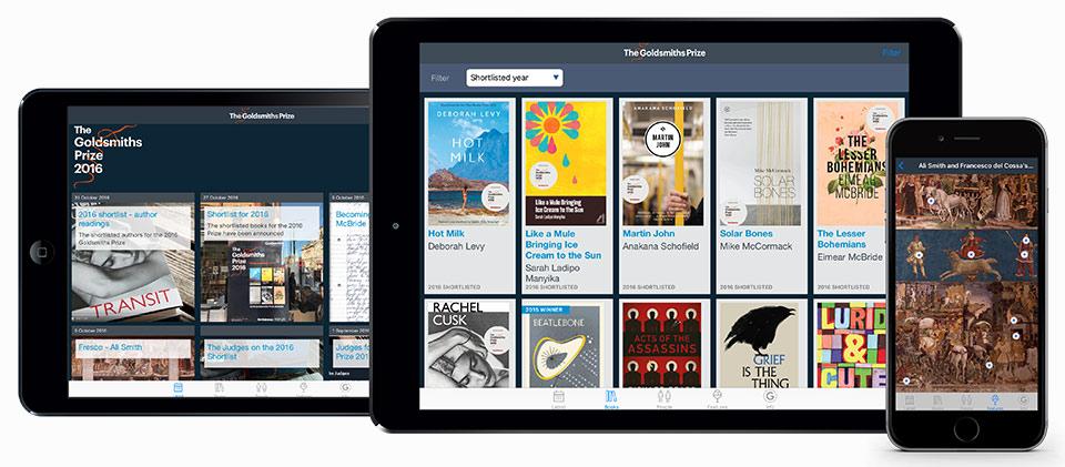A composite image showing Goldsmiths Prize app on an iPad and iPhone