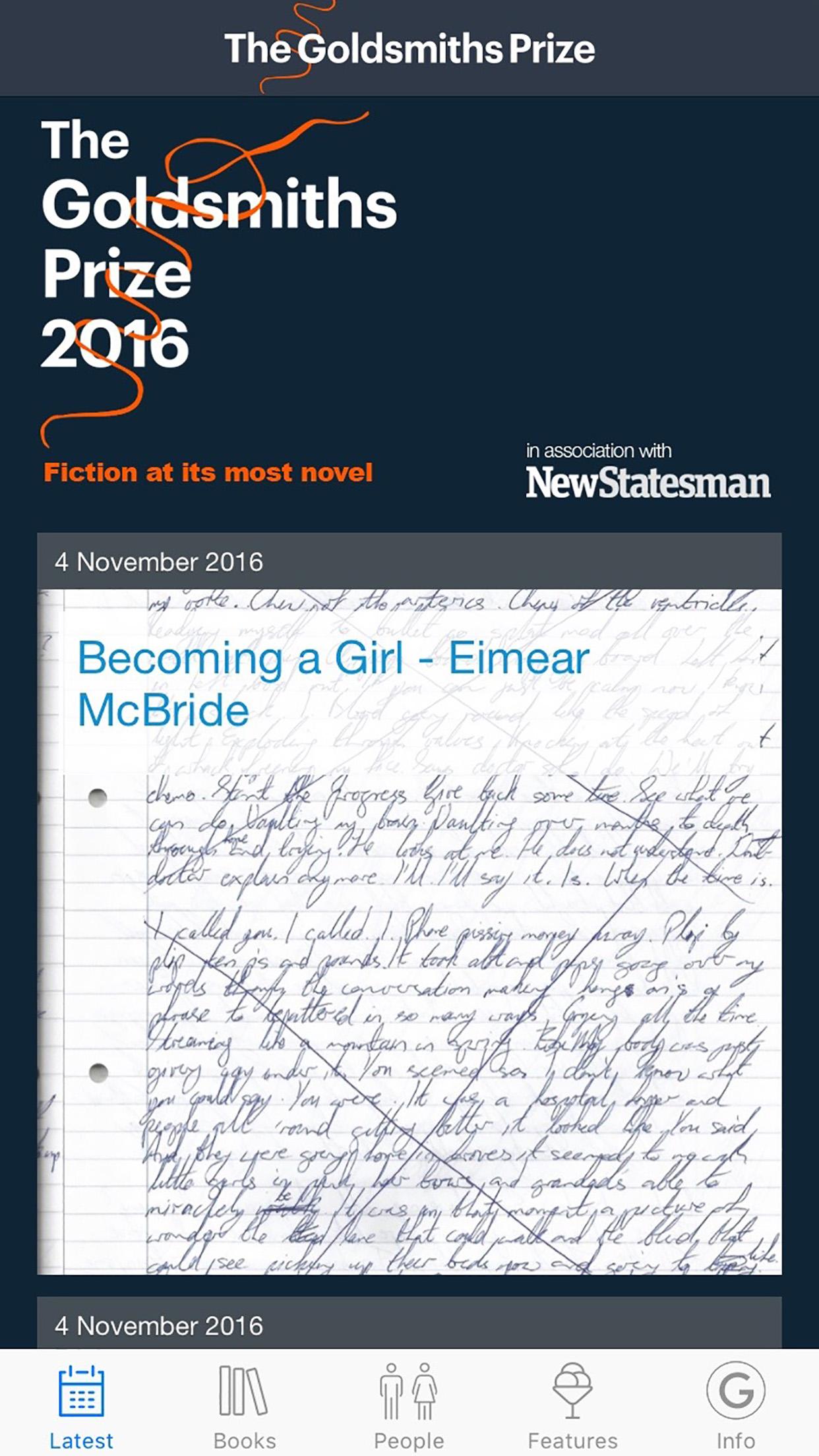 Goldsmiths Prize app on an iPhone with detail of Eimear McBride's manuscript for 'A Girl is a Half-formed Thing'.