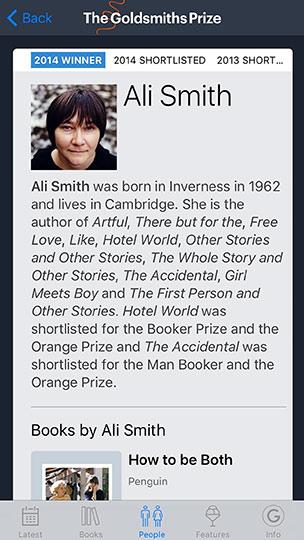 Screenshot of the Goldsmiths Prize app on an iPhone, showing the Ali Smith author page.