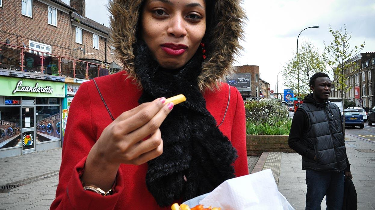 Eating chips in New Cross