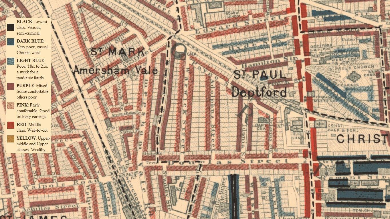 A section of Charles Booth's famous poverty map of London, focusing on Deptford and New Cross.