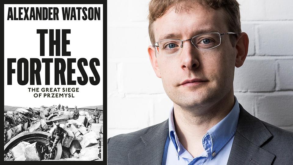 The book cover of The Fortress and a portrait of the author Alex Watson