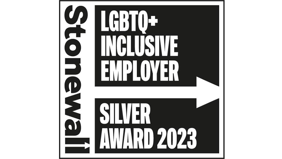 Logo with text: Stonewall LGBTQ+ Inclusive Employer Silver Award 2023