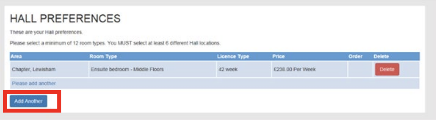 Screenshot of halls preferences screen in the online accommodation application portal