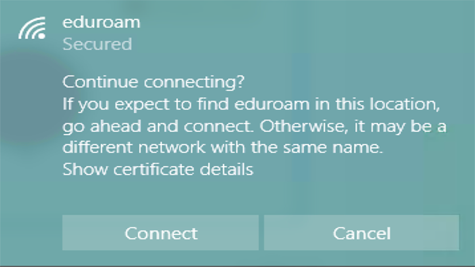 eduroam security prompt Windows