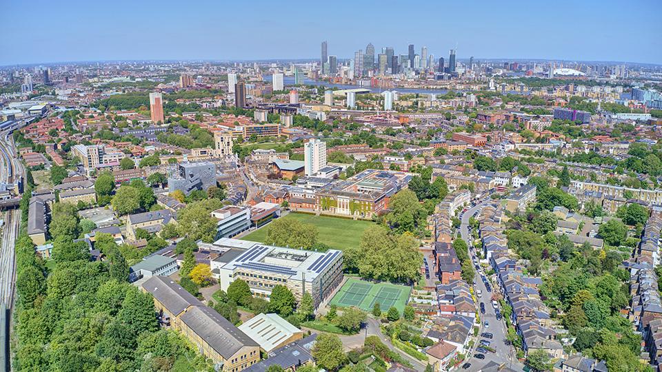 A drone shot of the Goldsmiths campus and New Cross
