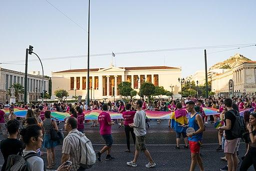 A Pride march in Athens passes by the Greek parliament. 