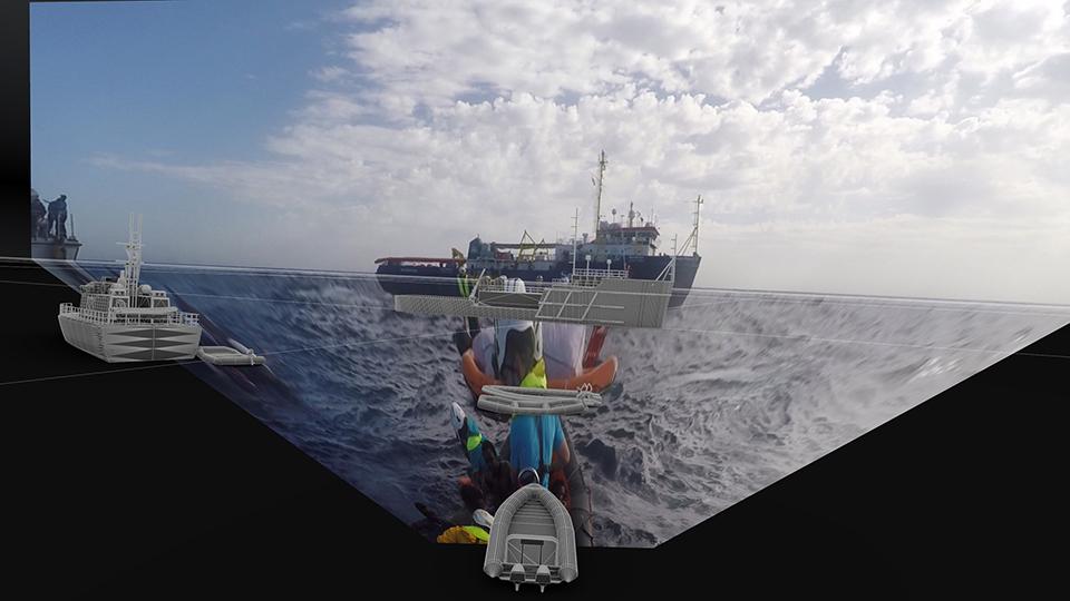 Image projected onto a 3D model in order to reconstruct search-and-rescue operations by the Libyan Coastguard