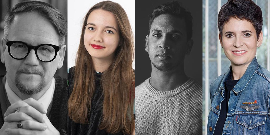 Left to right photographs of the Goldsmiths Prize judges 2019: Sjón, Anna Leszkiewicz, Guy Gunaratne and Erica Wagner