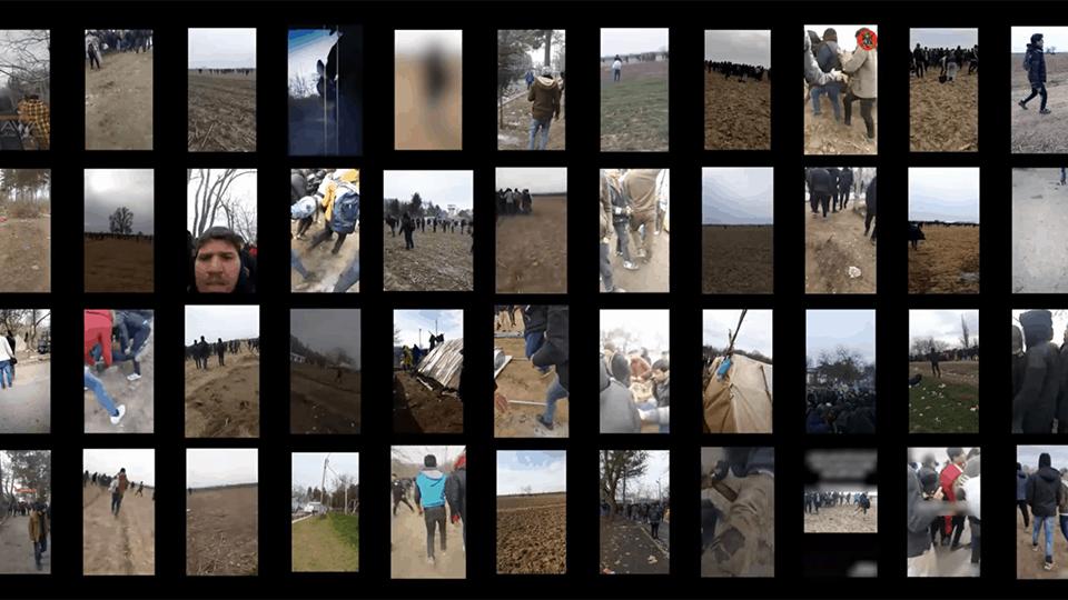 A montage of video stills from the Greece-Turkey border showing different people at the scene of the incident