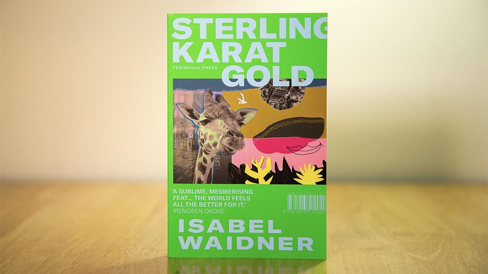 Image shows the cover of the book, it is like green with white writing and has a giraffe overlayed over an image of London