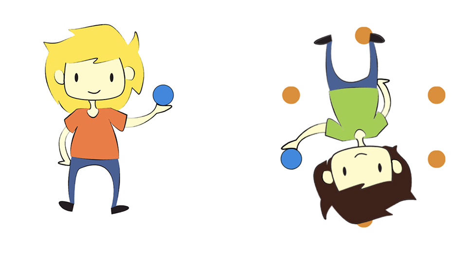 Image shows two cartoon kids, one with yellow hair, one brown, they are wearing blue trousers and colourful t-shirts and holding blue and orange balls