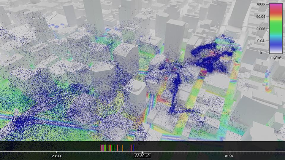 A visual coloured map of the movement of particles of teargas particles across downtown Portland 