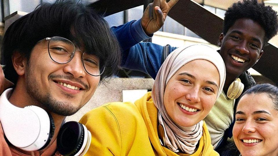 Young people smiling - two young women (one in scarf), two young men