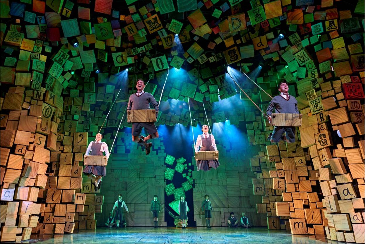 A scene from Matilda the Musical, with performers on swings