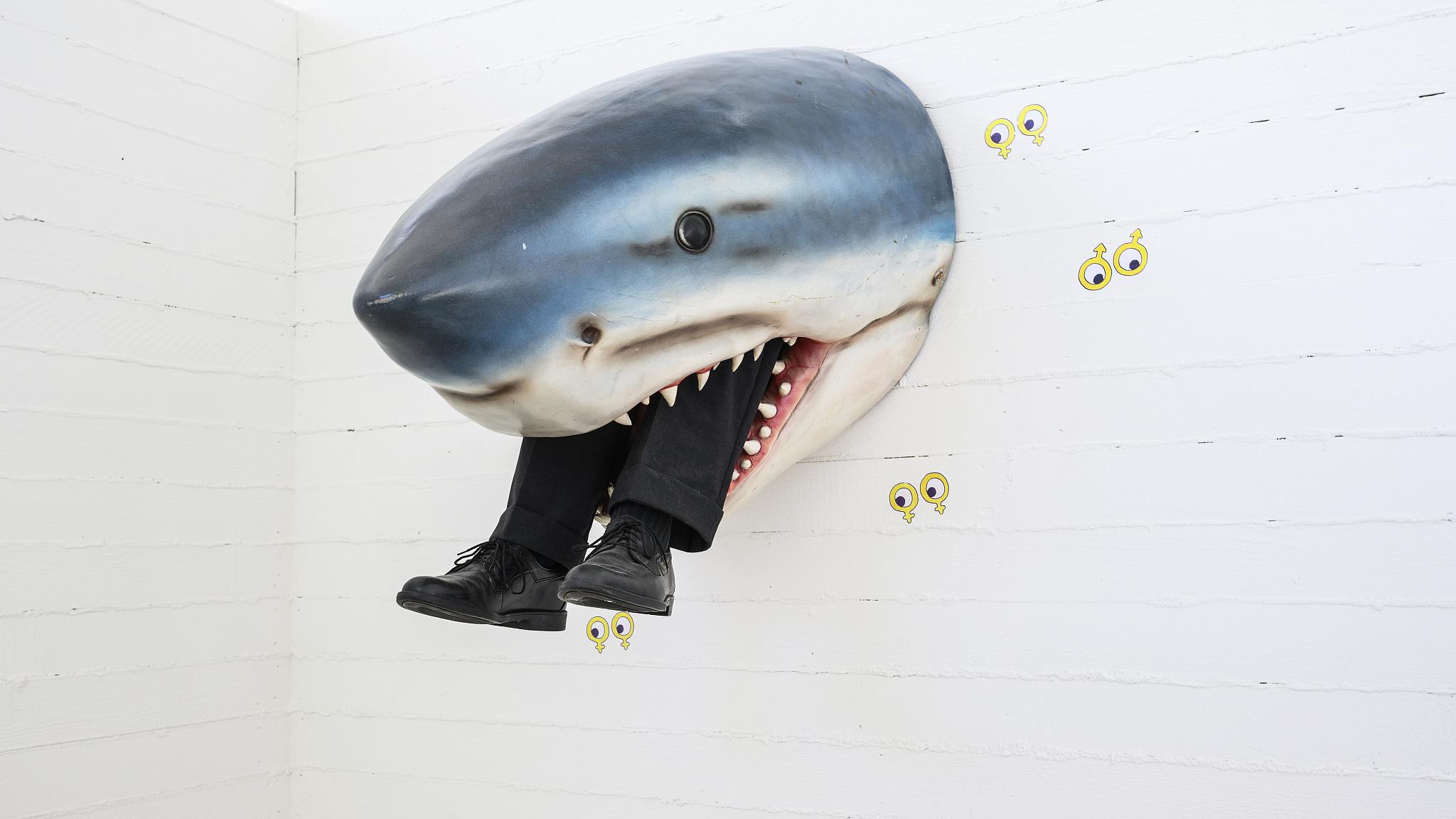 A shark's head coming out of a white wall, with legs wearing black trousers and shoes protruding from its mouth. 