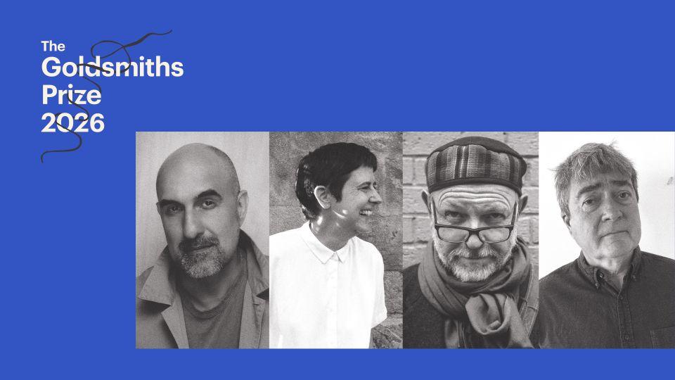 Blue background with four black and white portraits of the judging panel and the Goldsmiths Prize logo. 