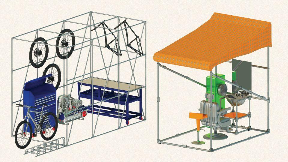 Diagrams showing two possible uses of the scaffolding pop-up either as a bike shop or for a barber's