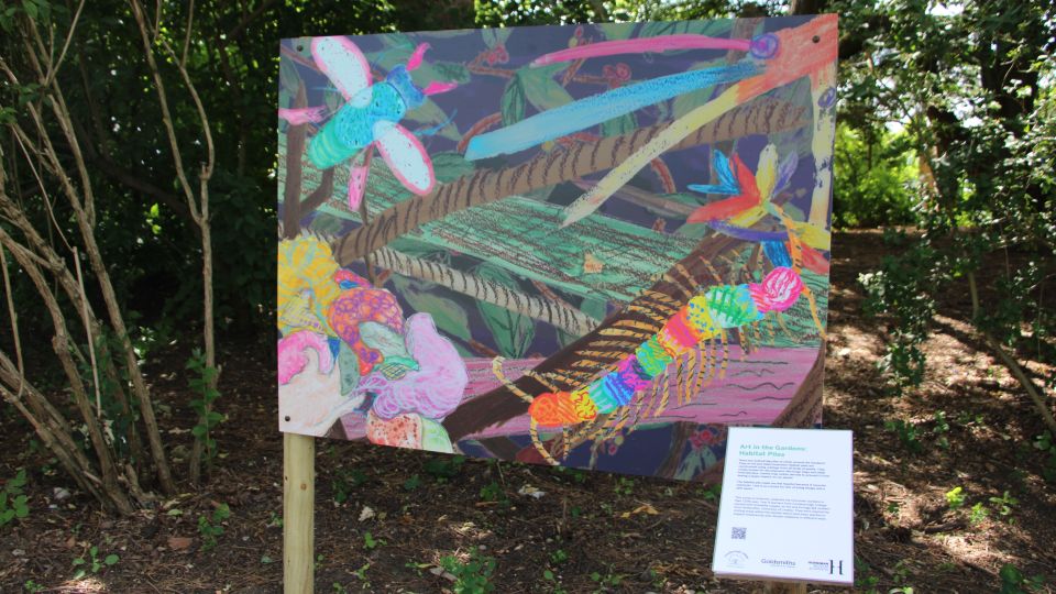 A board with a colourful artwork showing a rainbow centipede and another large insect, with trees behind the board. 