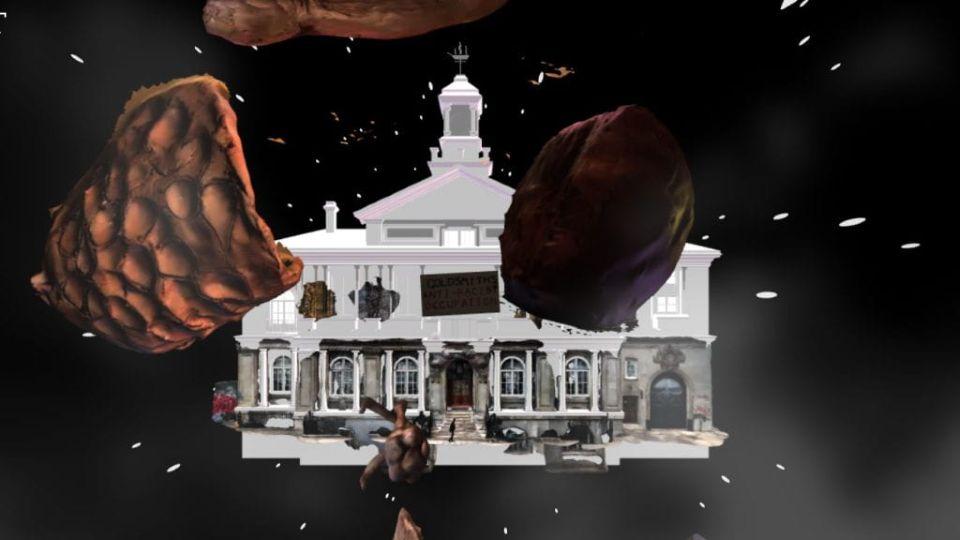 A digital version of Deptford Town Hall with objects flying around it
