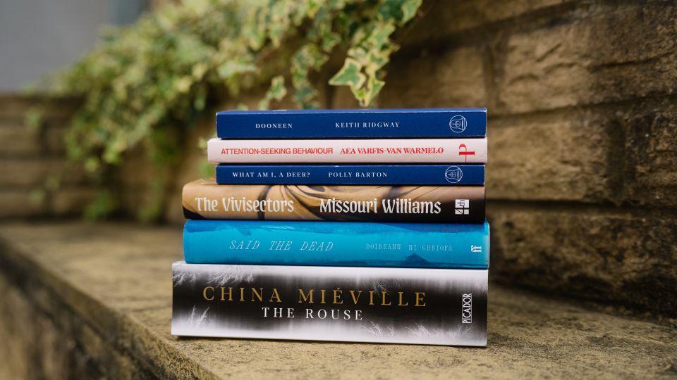A stack of six books on a stone wall with some ivy in the background