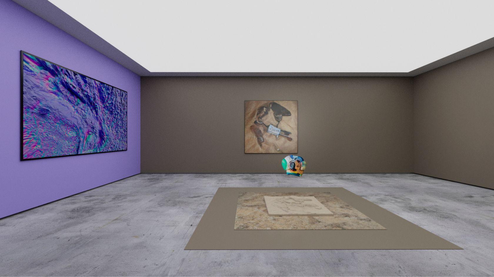 A contemporary gallery space with large digital artworks on the walls and floor, including a vibrant abstract projection and a central floor piece