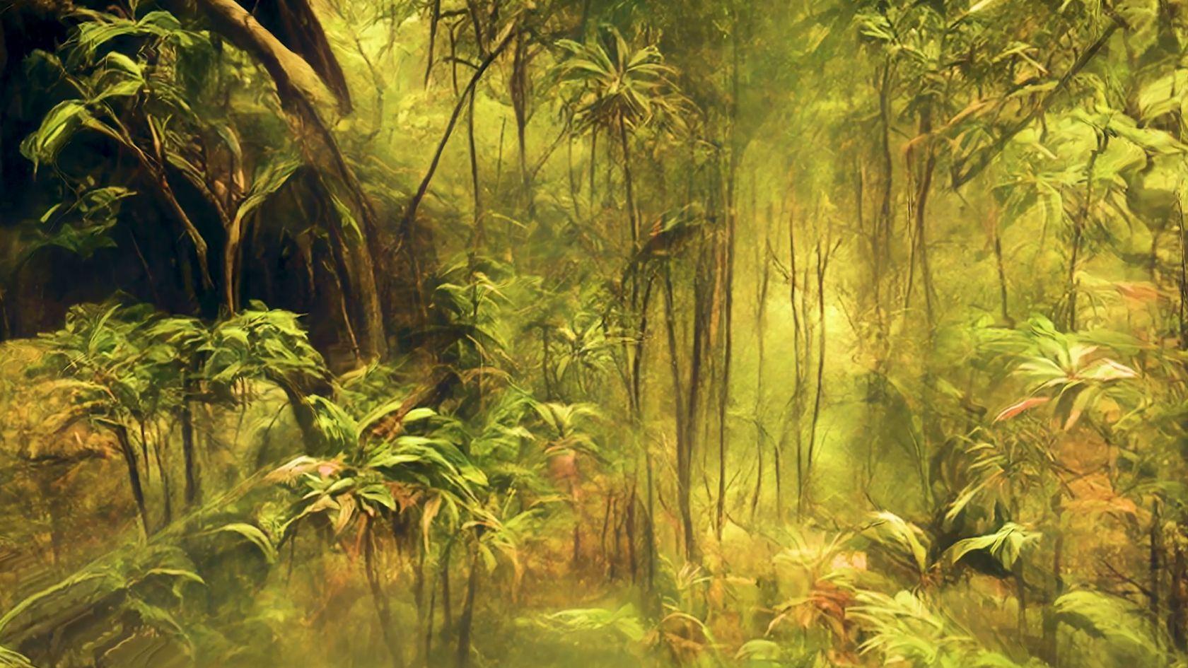 Still from a digital artwork showing a dense, green forest with layered foliage, tall thin trees and soft golden light creating a hazy, immersive atmosphere