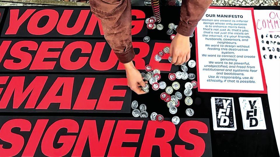 A table with a sign saying Young Insecure Female Designers in red letters, bottle cap badges and a printed manifesto, and somebody's hands in the photo. 