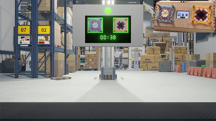 Warehouse simulation displaying a countdown timer and two colourful crochet squares, with an inset image of an interactive textile-based device.