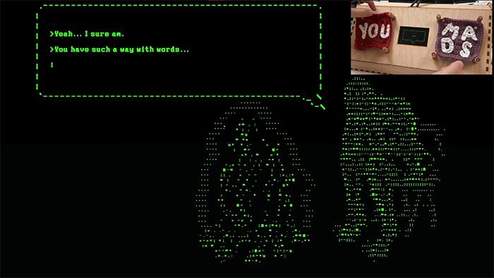 Green text-based interface displaying a conversation alongside digital portraits, with an inset image of an assistive communication device.