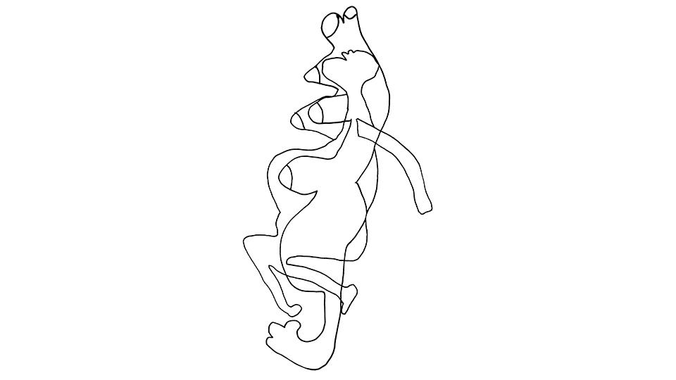 Black line drawing on white background of two abstract, primitive figures overlapping one another