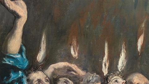 Detail of painting showing the tops of four white people's heads, one with their arm reaching up and flames behind them. 