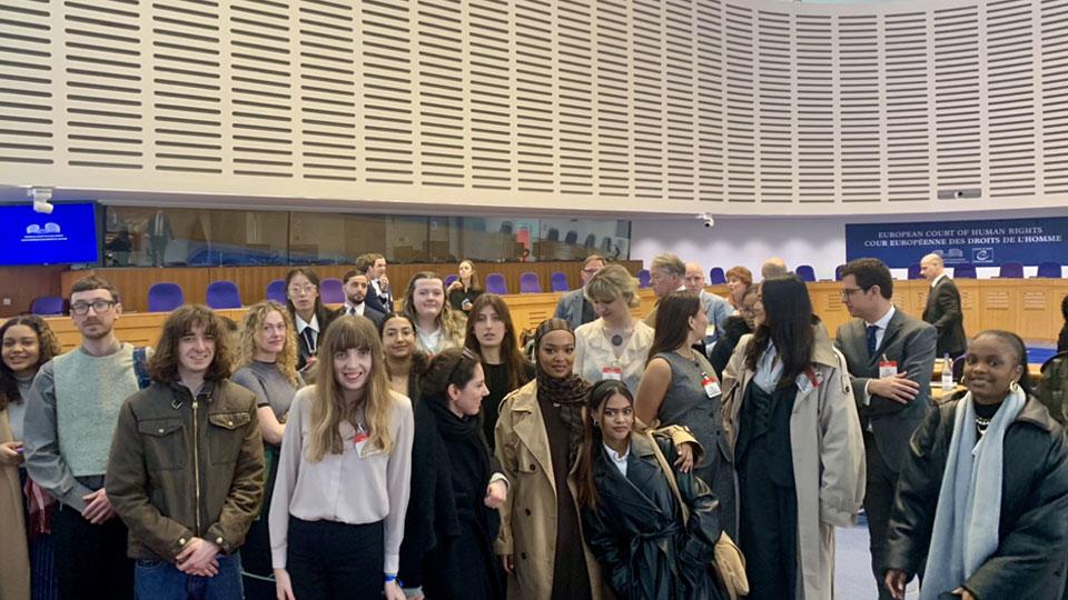 A large group of LLB Law students inside the European Court of Human Rights