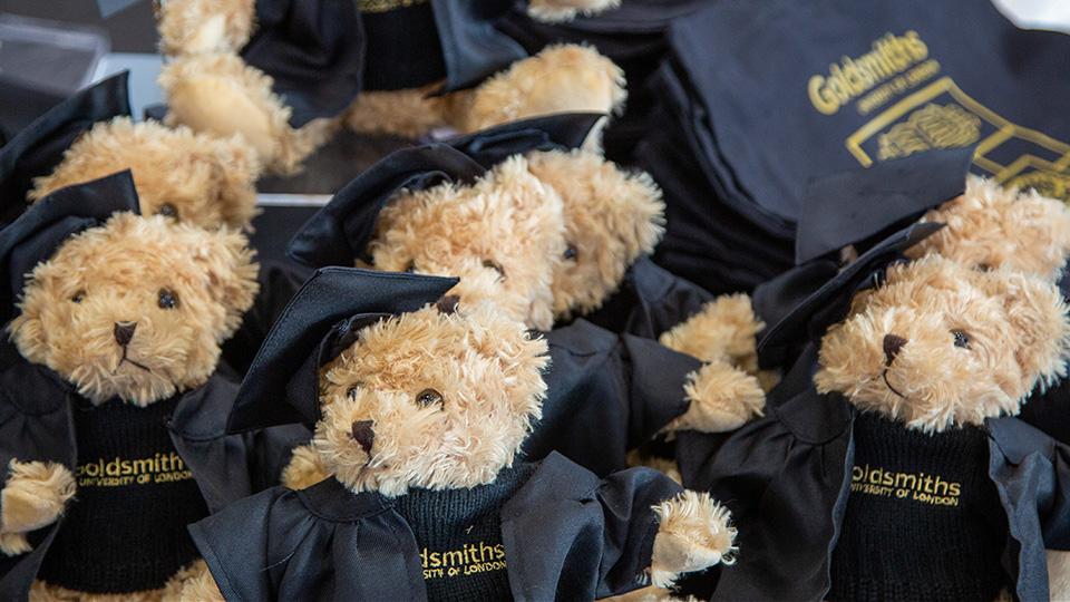 Graduation teddy bears lined up on a table.