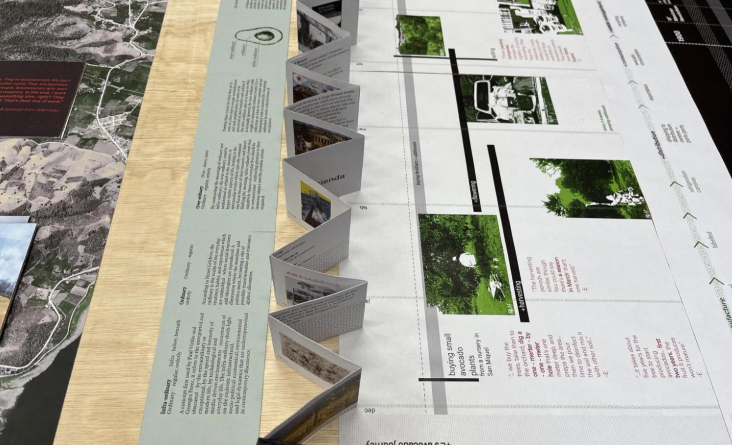 An exhibition table displaying pull out cards and maps.