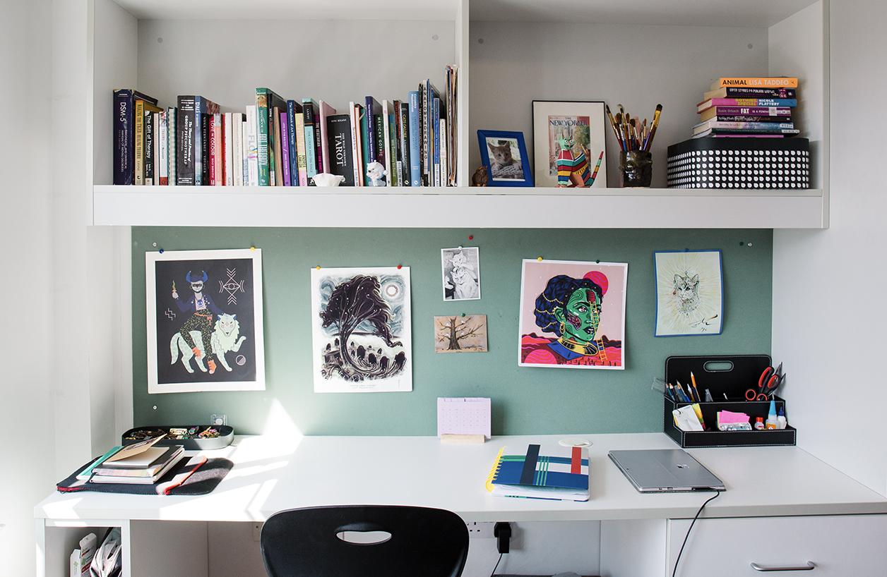 A desk in student accommodation.