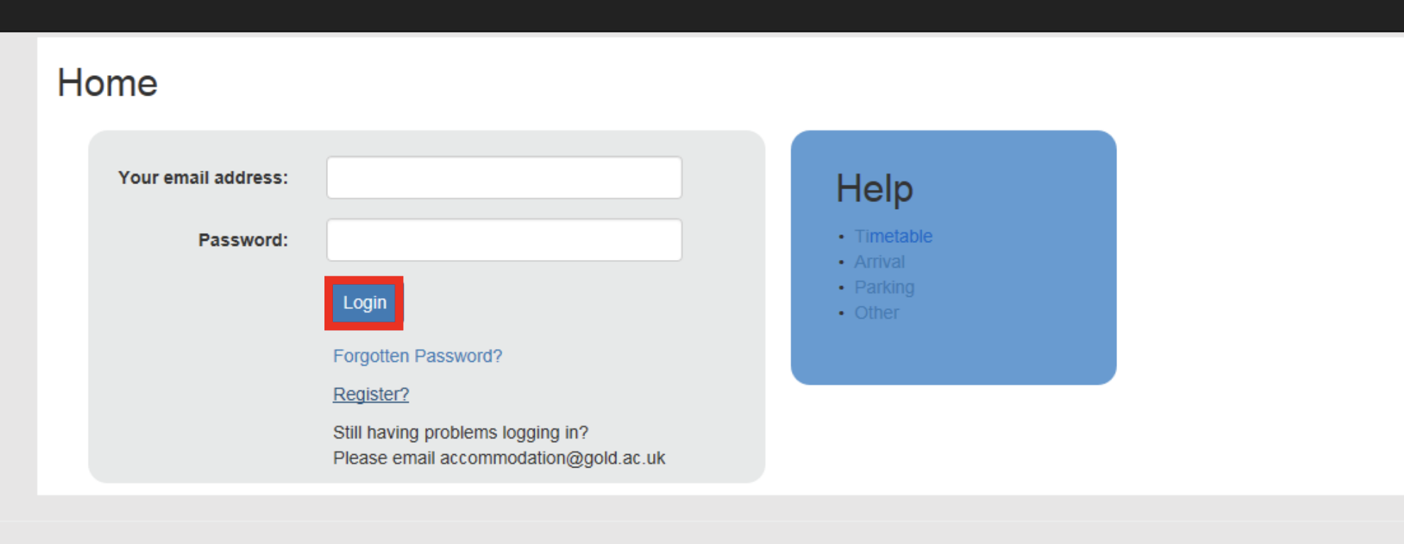 A screenshot of the Goldsmiths portal landing page with a link to registering.