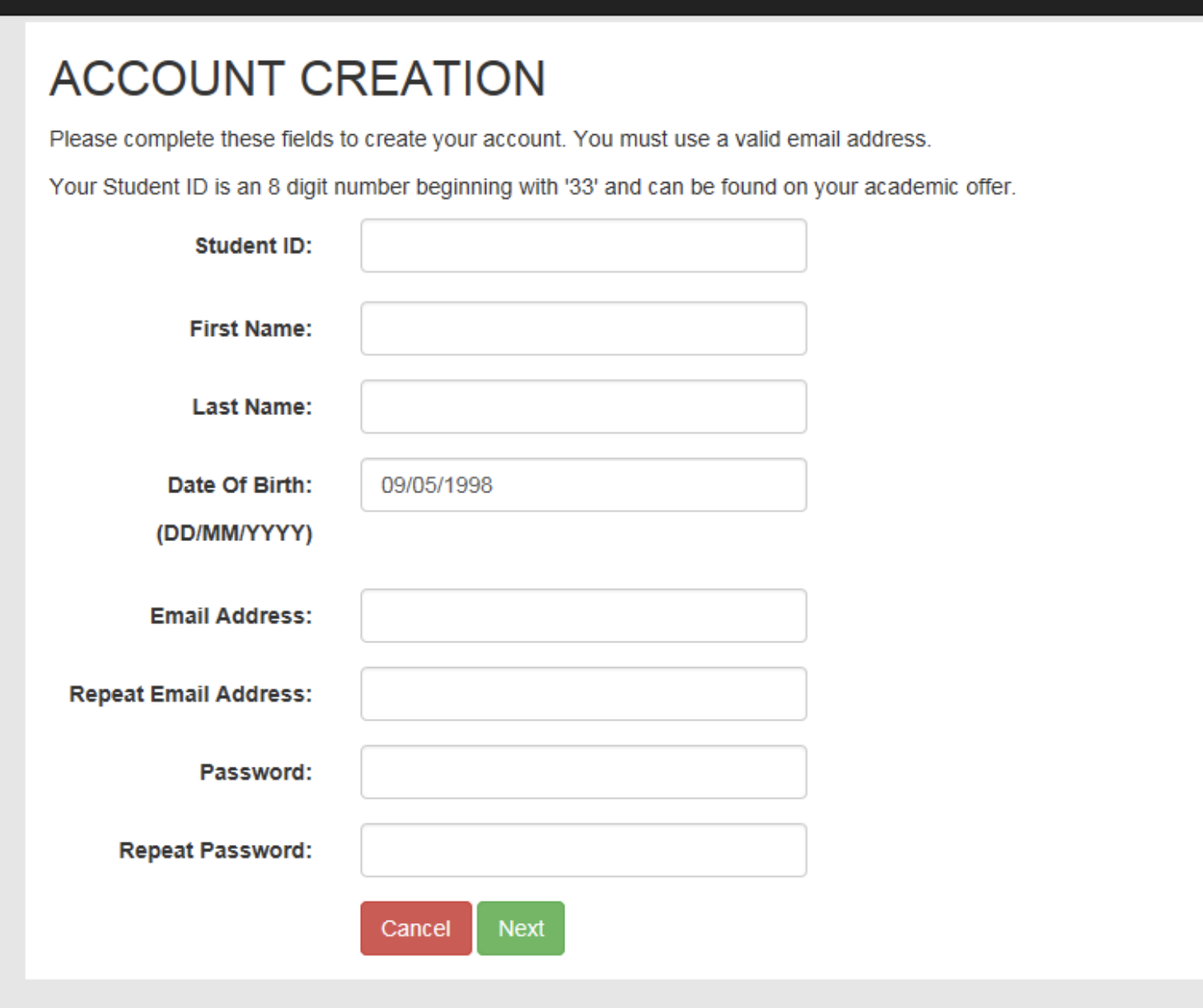 Screenshot of the account creation page with student detail fields in the Goldsmiths Portal.