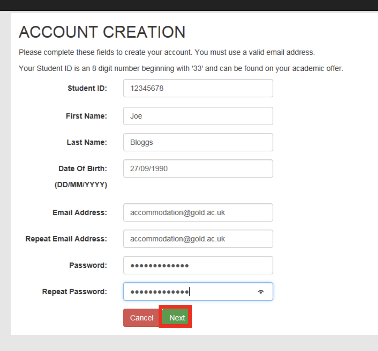 Screenshot of filled in account creation page