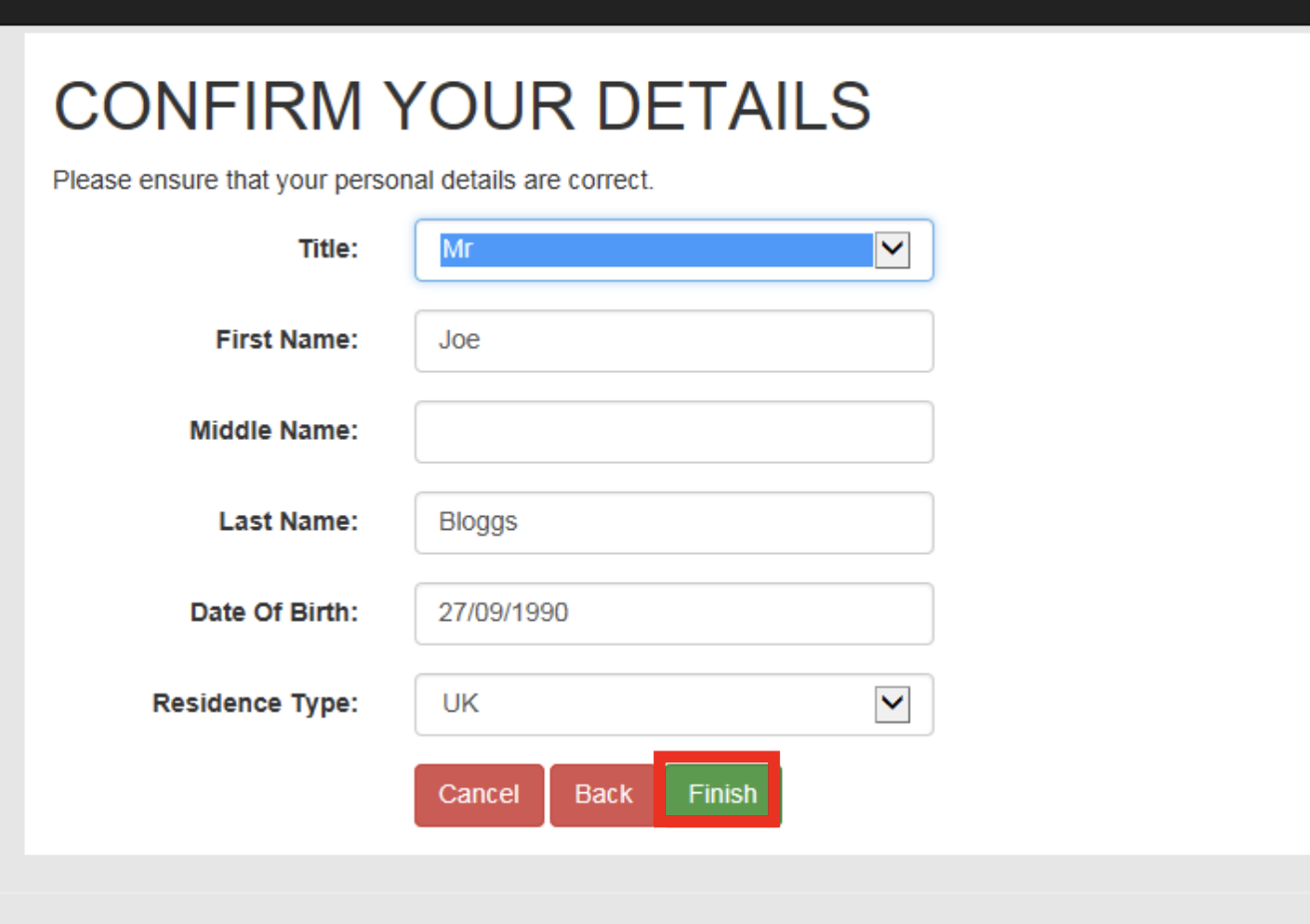 Screenshot of confirm your details page