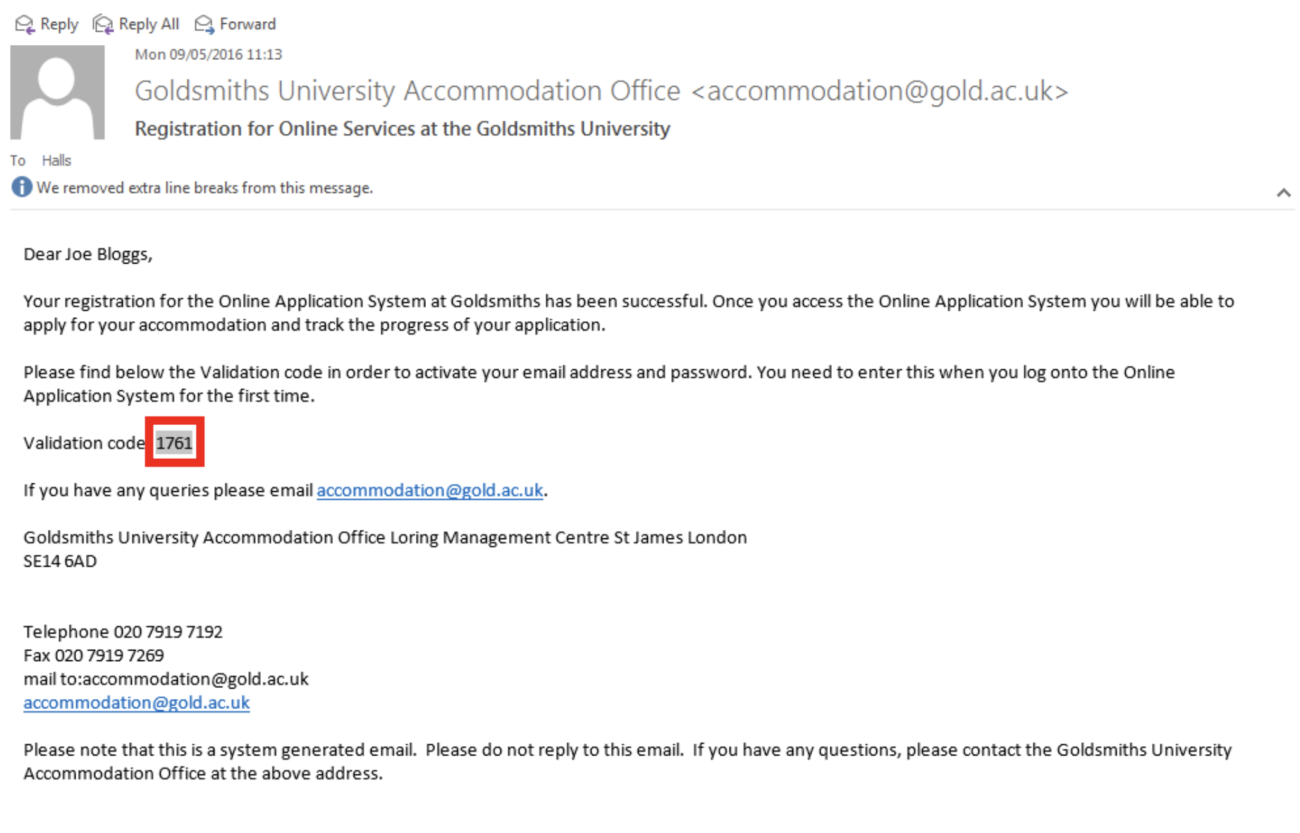 Screenshot of validation email sent by accommodation with the validation code