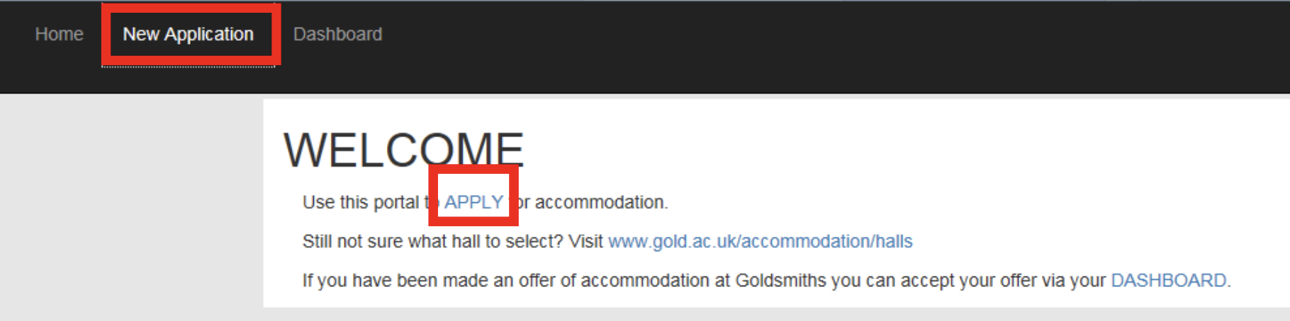 Screenshot of online accommodation application welcome webpage