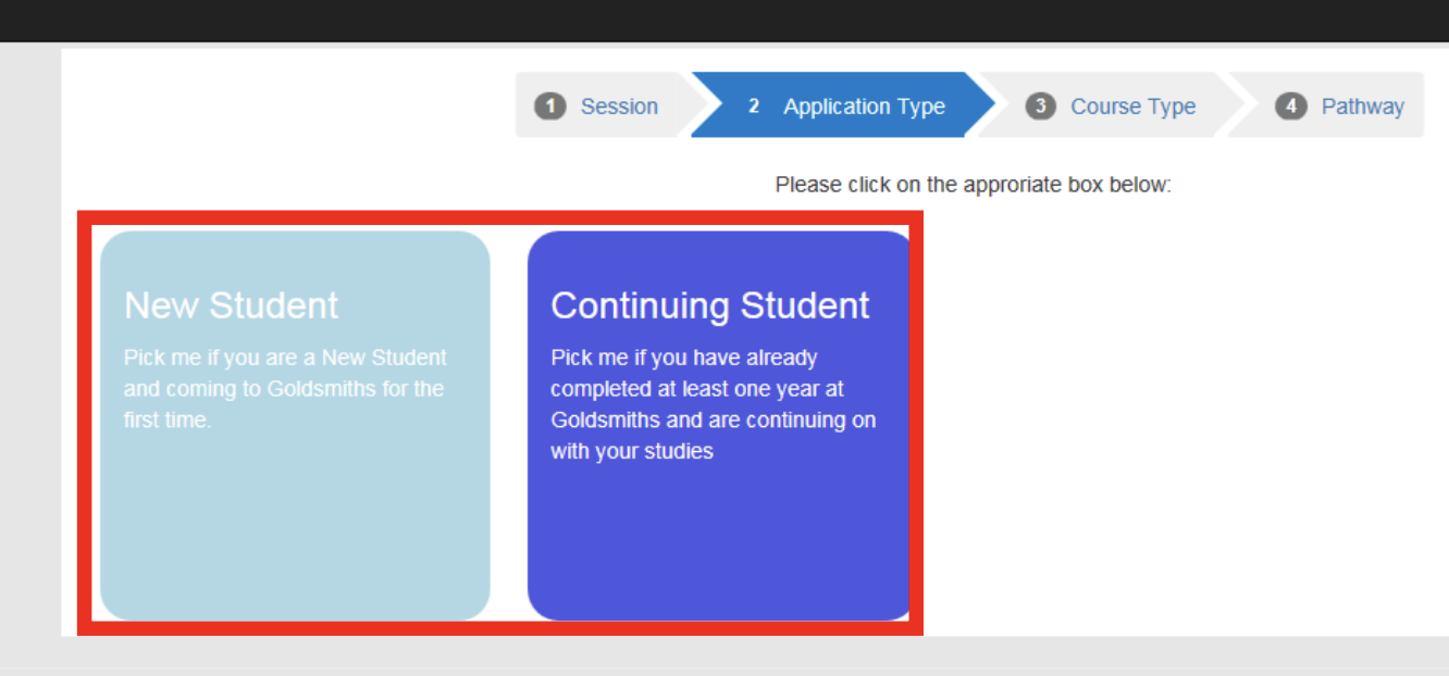 Screenshot of new or continuing student screen in the online accommodation application portal