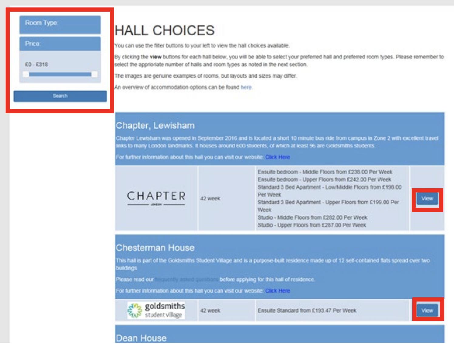 Screenshot of hall choices webpage in the online accommodation application portal