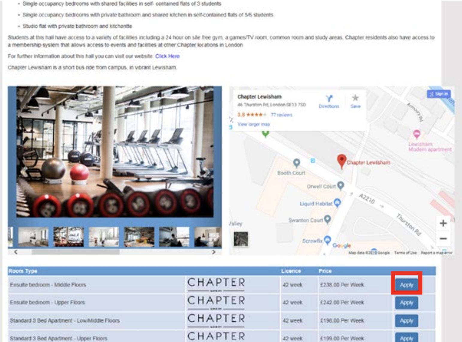 Screenshot of halls address and map page from the online accommodation application portal