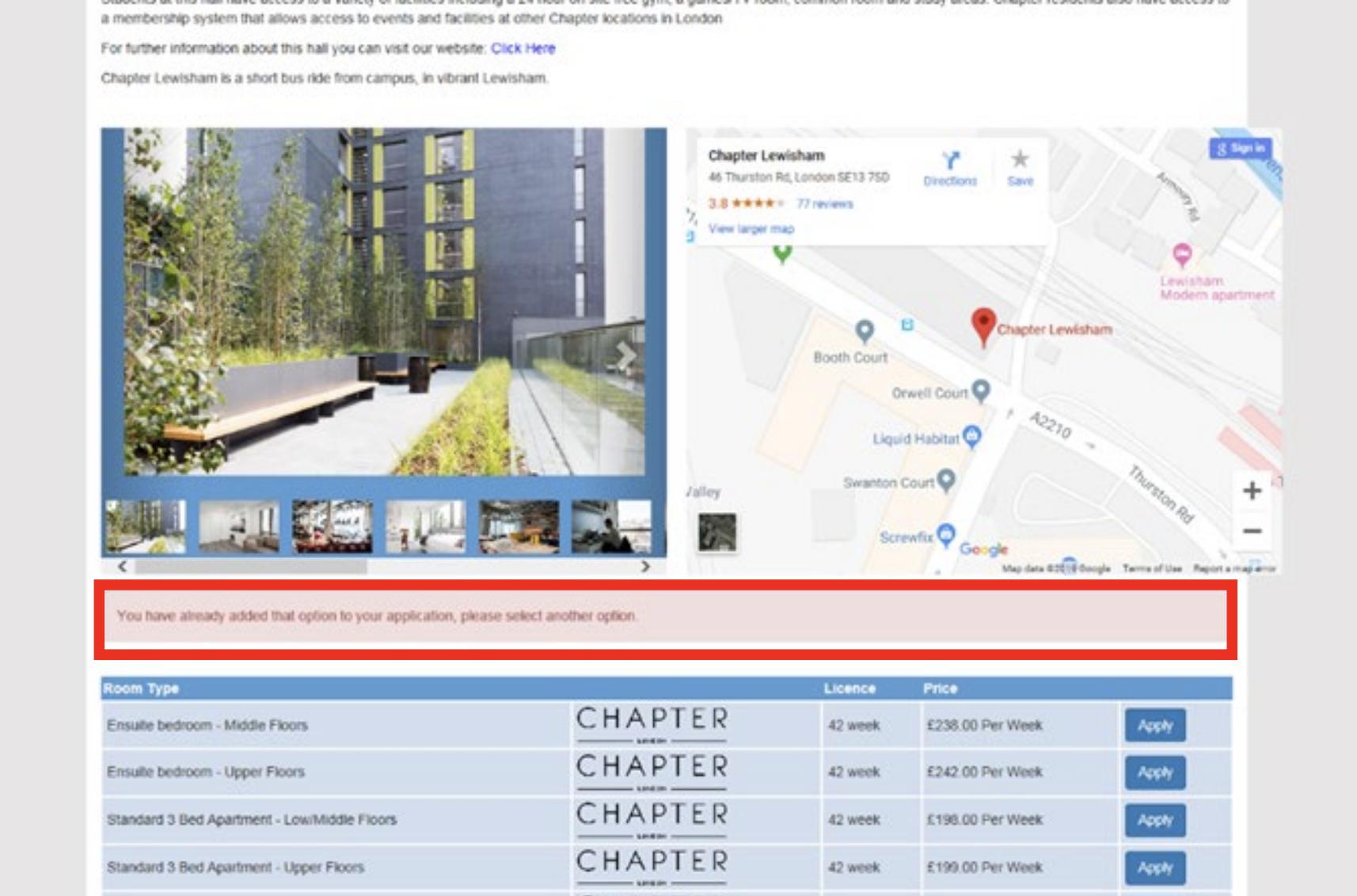 Screenshot of room choices screen in online accommodation application portal
