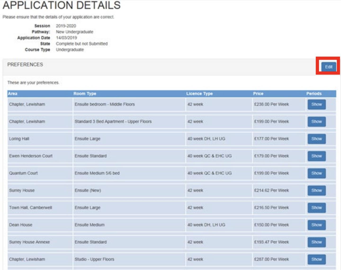 Screenshot of application summary in the online accommodation application portal