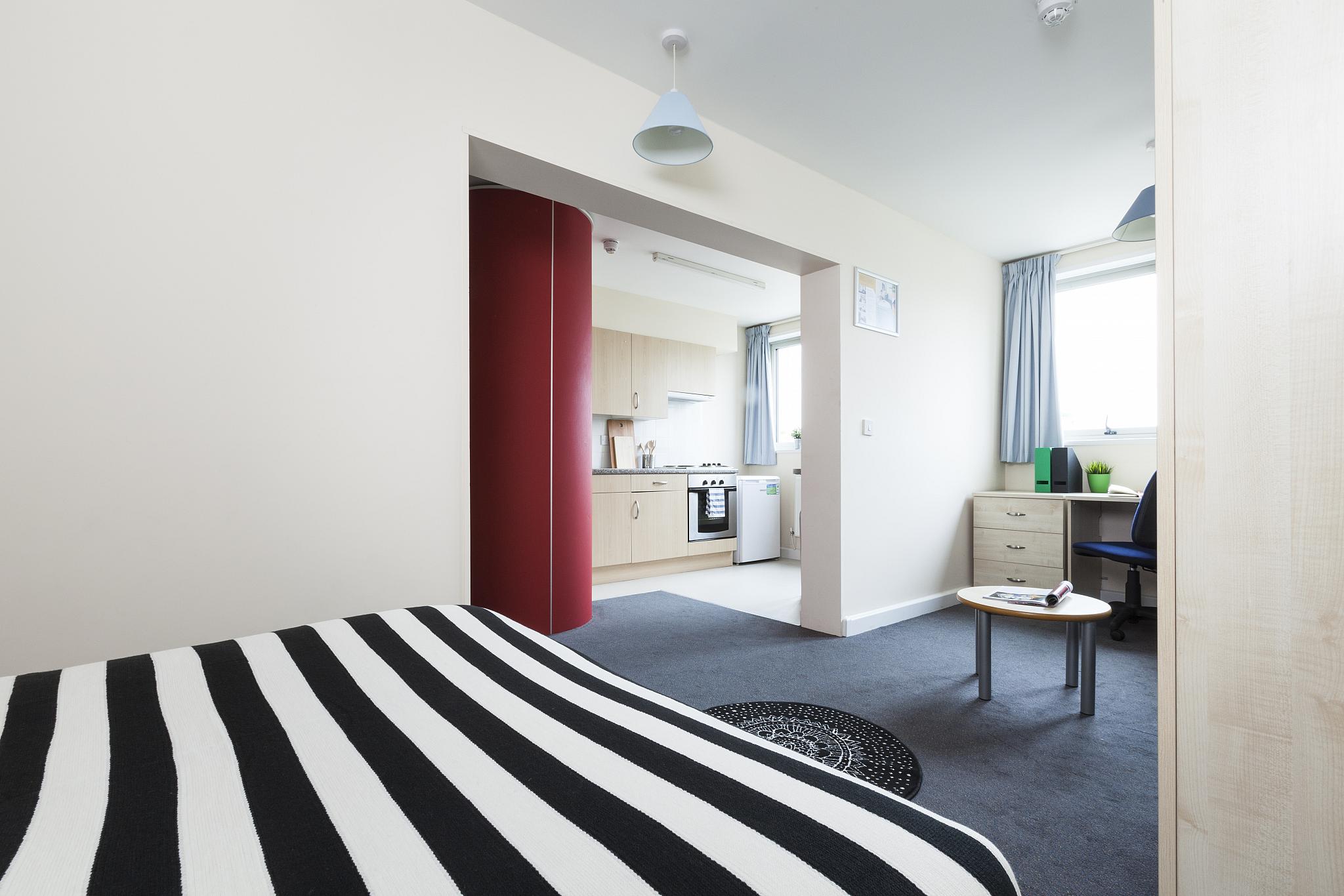 A studio room showing the kitchen, bed and seating area in Quantum Court