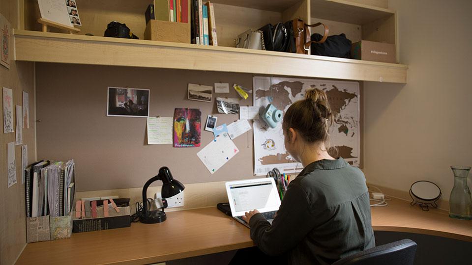 A female student working at a desk in her room