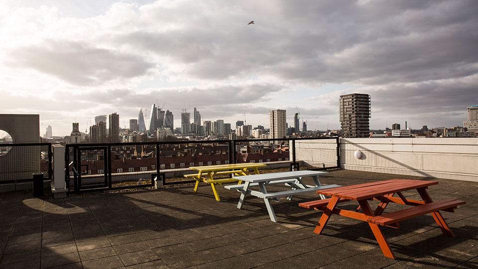 Some benches on the roof terrace at Quantum Court